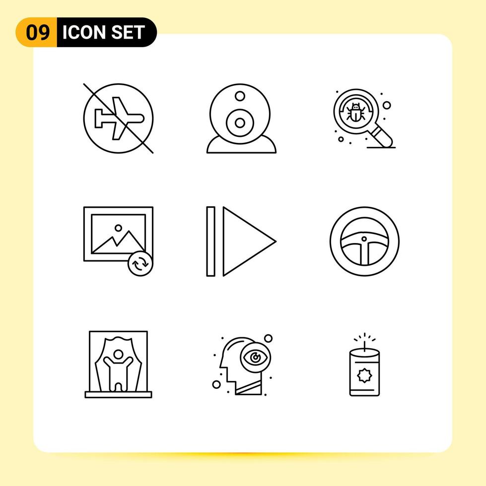 Modern Set of 9 Outlines Pictograph of steering play bug sync image Editable Vector Design Elements
