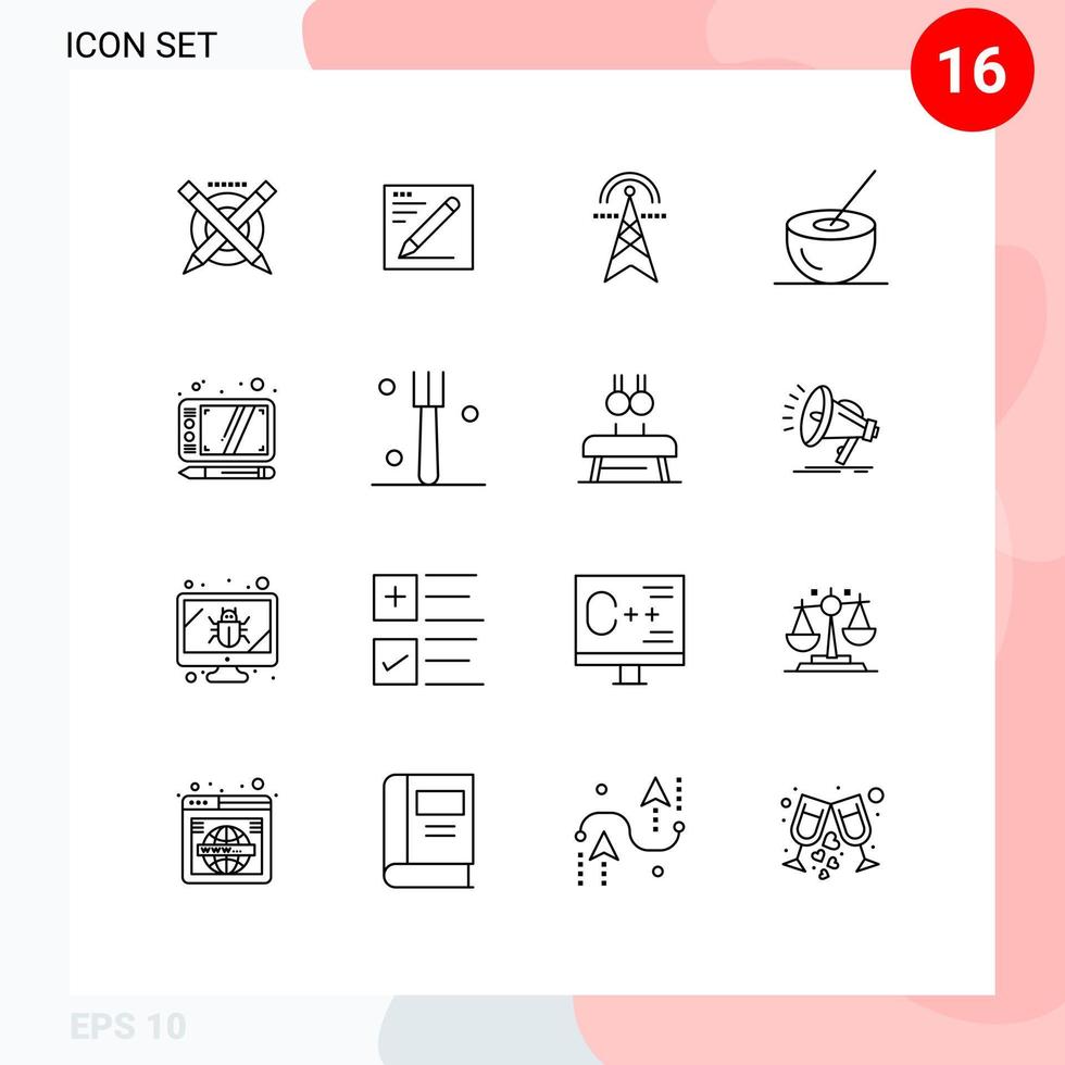 Mobile Interface Outline Set of 16 Pictograms of food coconut juice electric tower coconut computing Editable Vector Design Elements