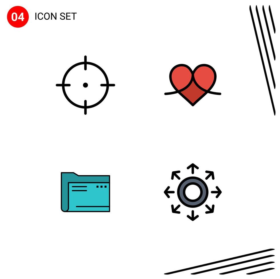 4 Universal Filledline Flat Color Signs Symbols of aim archive gift like document Editable Vector Design Elements