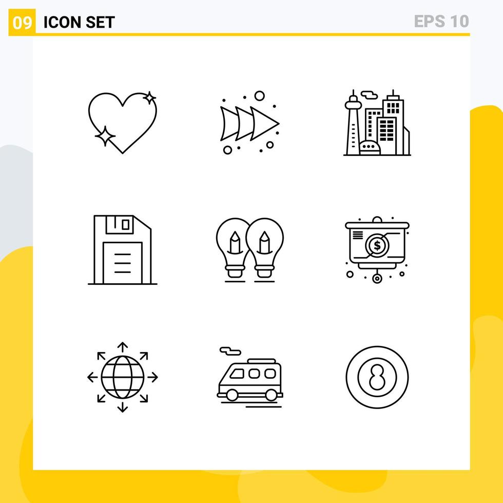 9 Outline concept for Websites Mobile and Apps solution bulb architecture retro floppy disk Editable Vector Design Elements