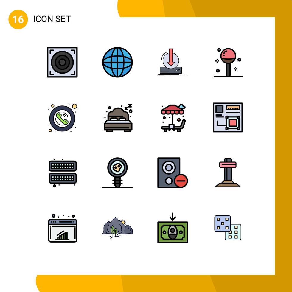 Modern Set of 16 Flat Color Filled Lines and symbols such as meal food addition drinks game Editable Creative Vector Design Elements