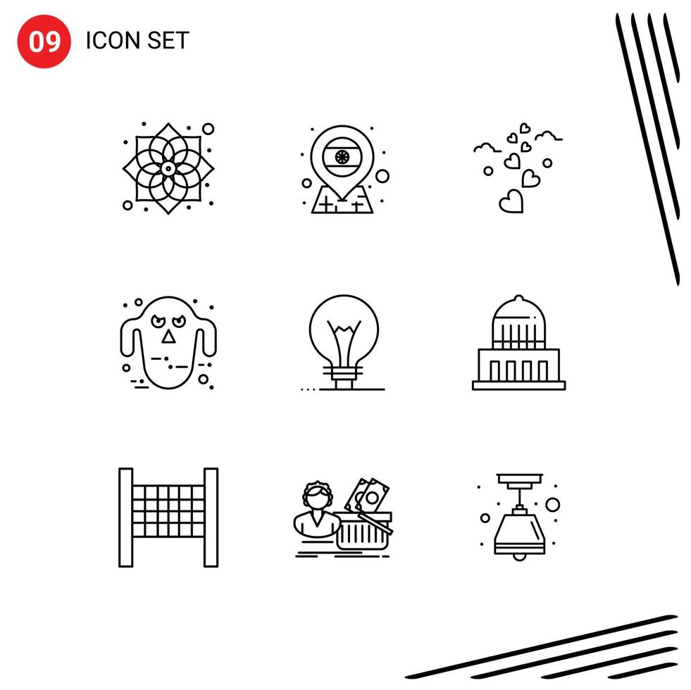 Pack of 9 Modern Outlines Signs and Symbols for Web Print Media such as innovation scary hearts halloween ghost Editable Vector Design Elements