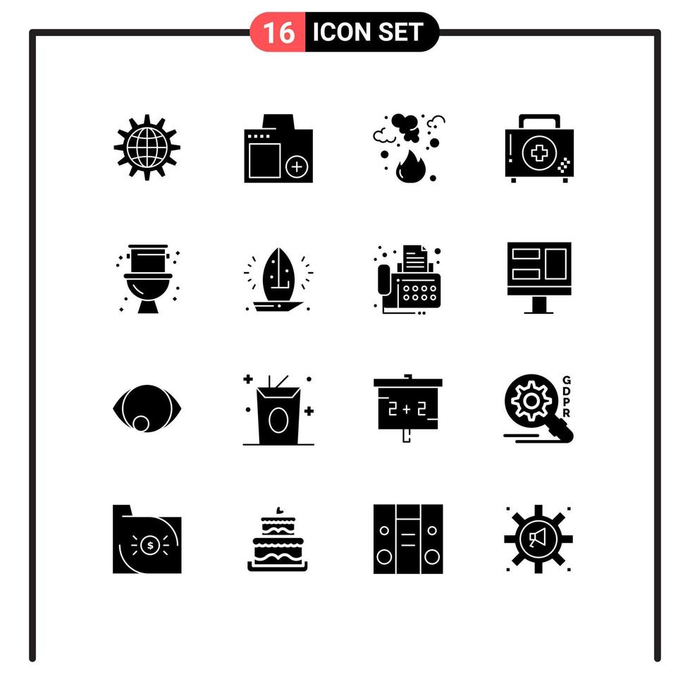 Modern Set of 16 Solid Glyphs and symbols such as aid pollution devices garbage burn Editable Vector Design Elements