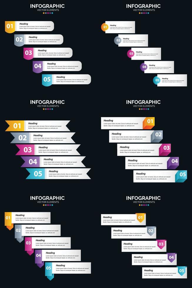 plantilla de diapositiva de presentación del paquete de infografías vectoriales 6 diagramas de ciclo de 5 pasos y líneas de tiempo vector