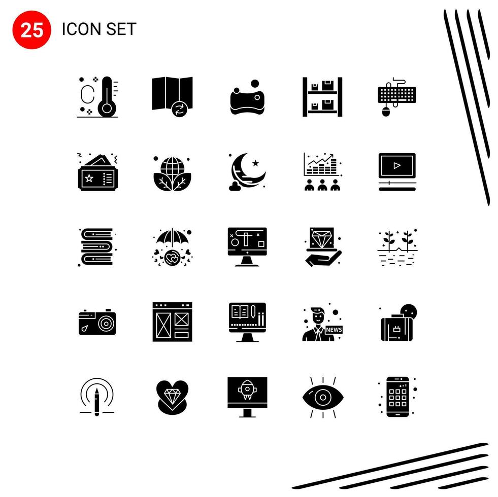 Pack of 25 Modern Solid Glyphs Signs and Symbols for Web Print Media such as ticket mouse box keyboard device Editable Vector Design Elements