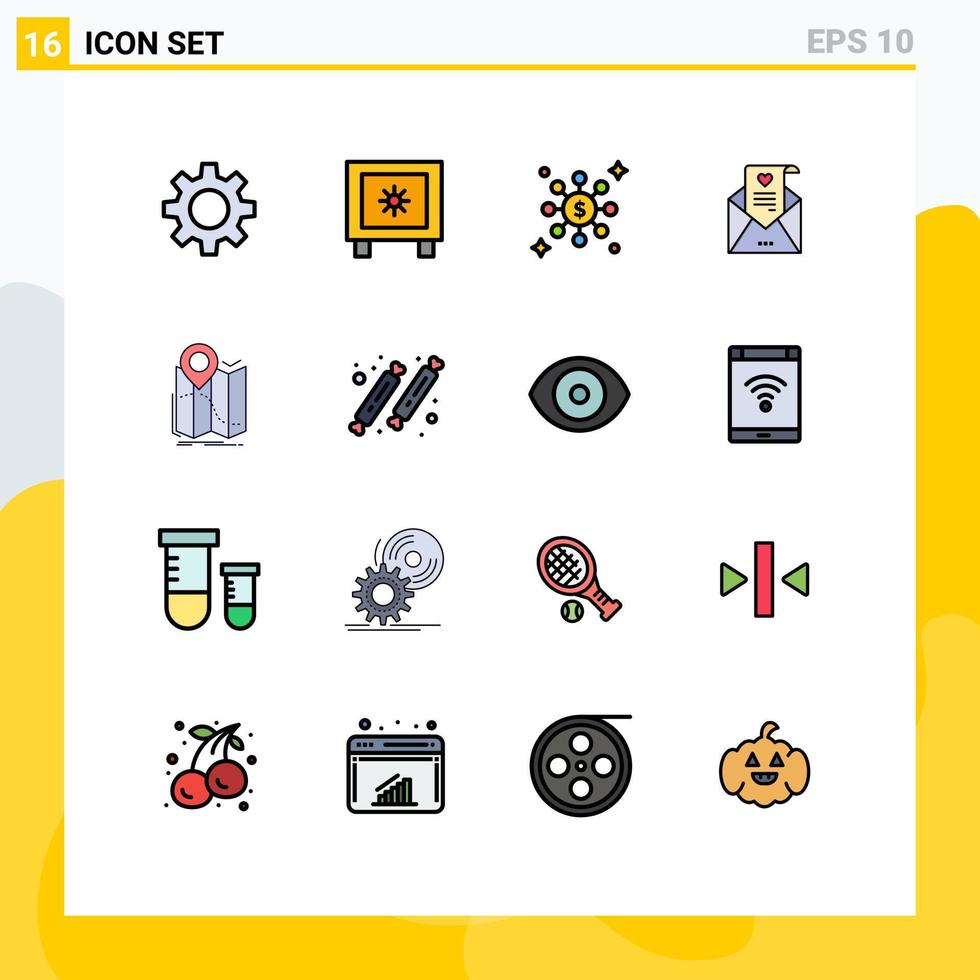 16 signos de línea rellenos de color plano universal símbolos de ubicación de navegación compartir propuesta gps elementos de diseño de vector creativo editable