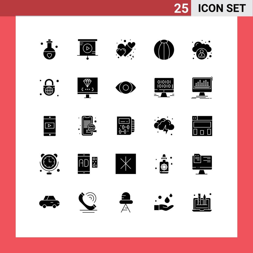Pack of 25 creative Solid Glyphs of cloud toy heart beach ball ball Editable Vector Design Elements