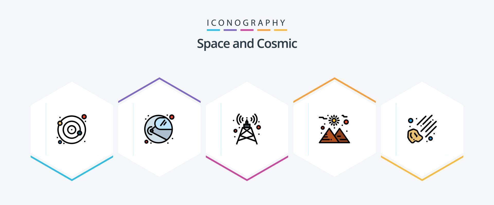 paquete de iconos de línea completa de espacio 25 que incluye . meteorito. antena. meteorito. espacio vector