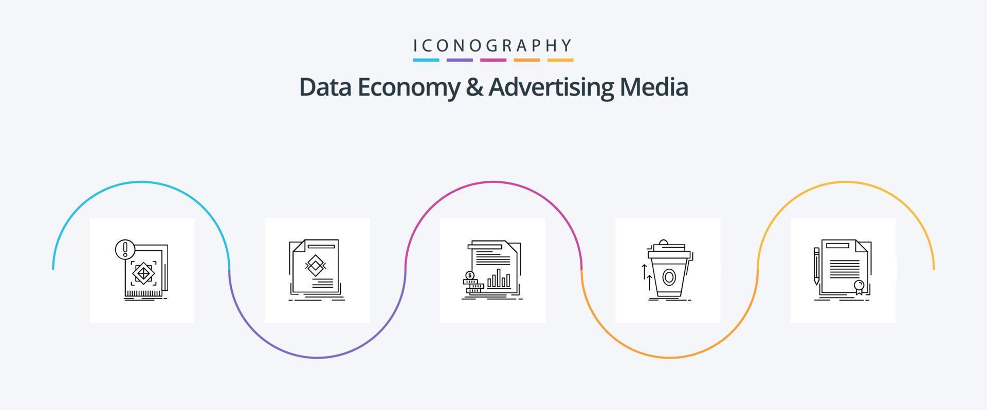 paquete de iconos de la línea 5 de economía de datos y medios publicitarios que incluye café. producto. revista. informes. dinero vector