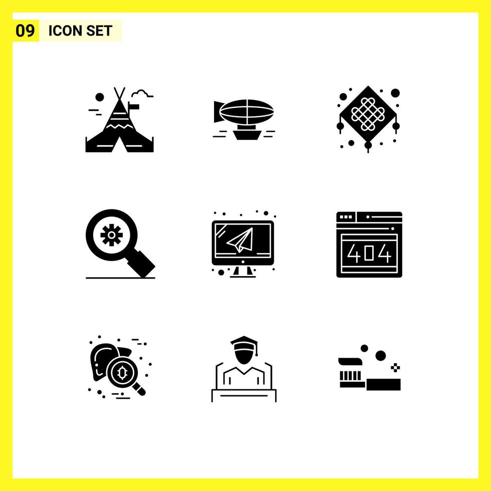 Set of 9 Vector Solid Glyphs on Grid for computer gear travel search celebration Editable Vector Design Elements