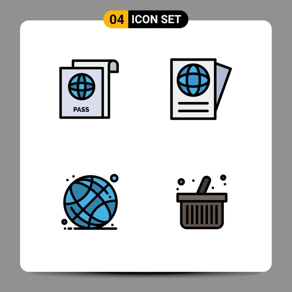 Group of 4 Modern Filledline Flat Colors Set for document shopping world globe school Editable Vector Design Elements