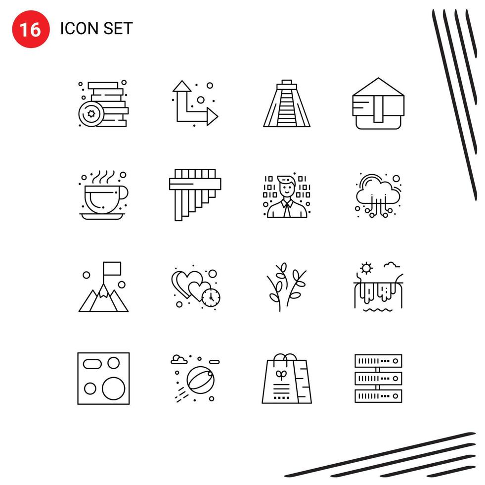 Mobile Interface Outline Set of 16 Pictograms of flute coffee chichen itza cafe fashion Editable Vector Design Elements