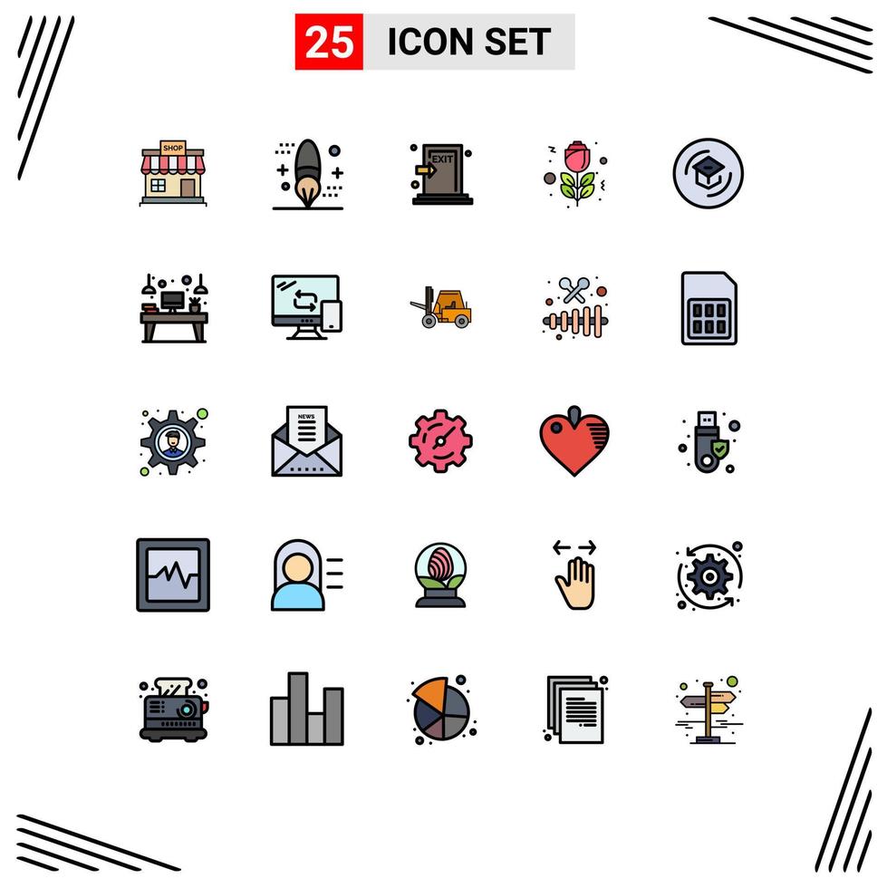 Set of 25 Vector Filled line Flat Colors on Grid for rose flower development exit evacuate Editable Vector Design Elements