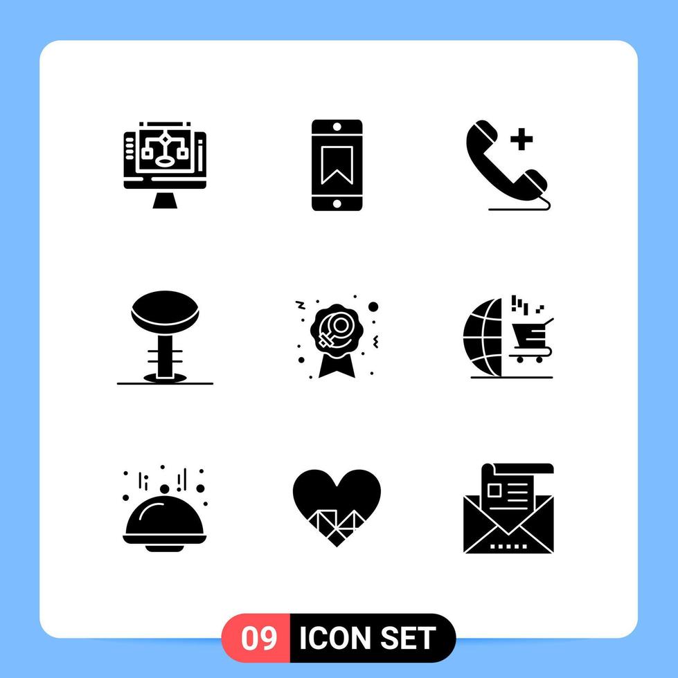 conjunto moderno de 9 pictogramas de glifos sólidos de elementos de diseño de vector editables de muebles de taburete de teléfono de insignia de signo