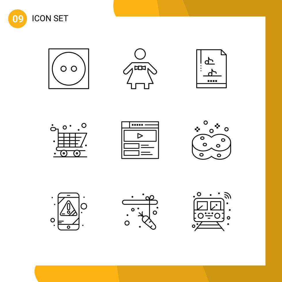 Modern Set of 9 Outlines Pictograph of clean web music video player shopping Editable Vector Design Elements