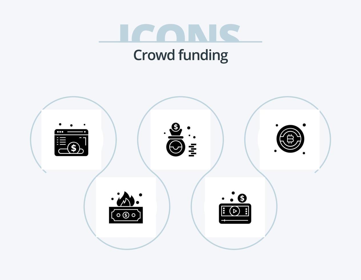 Crowdfunding Glyph Icon Pack 5 Icon Design. bitcoin. money. video. finance. fund vector