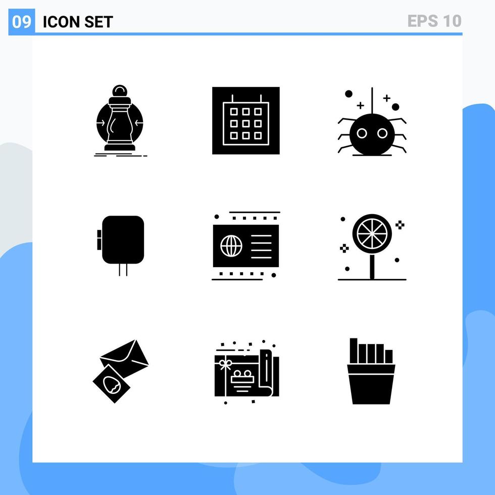 Group of 9 Modern Solid Glyphs Set for credit transformer bug power voltage Editable Vector Design Elements