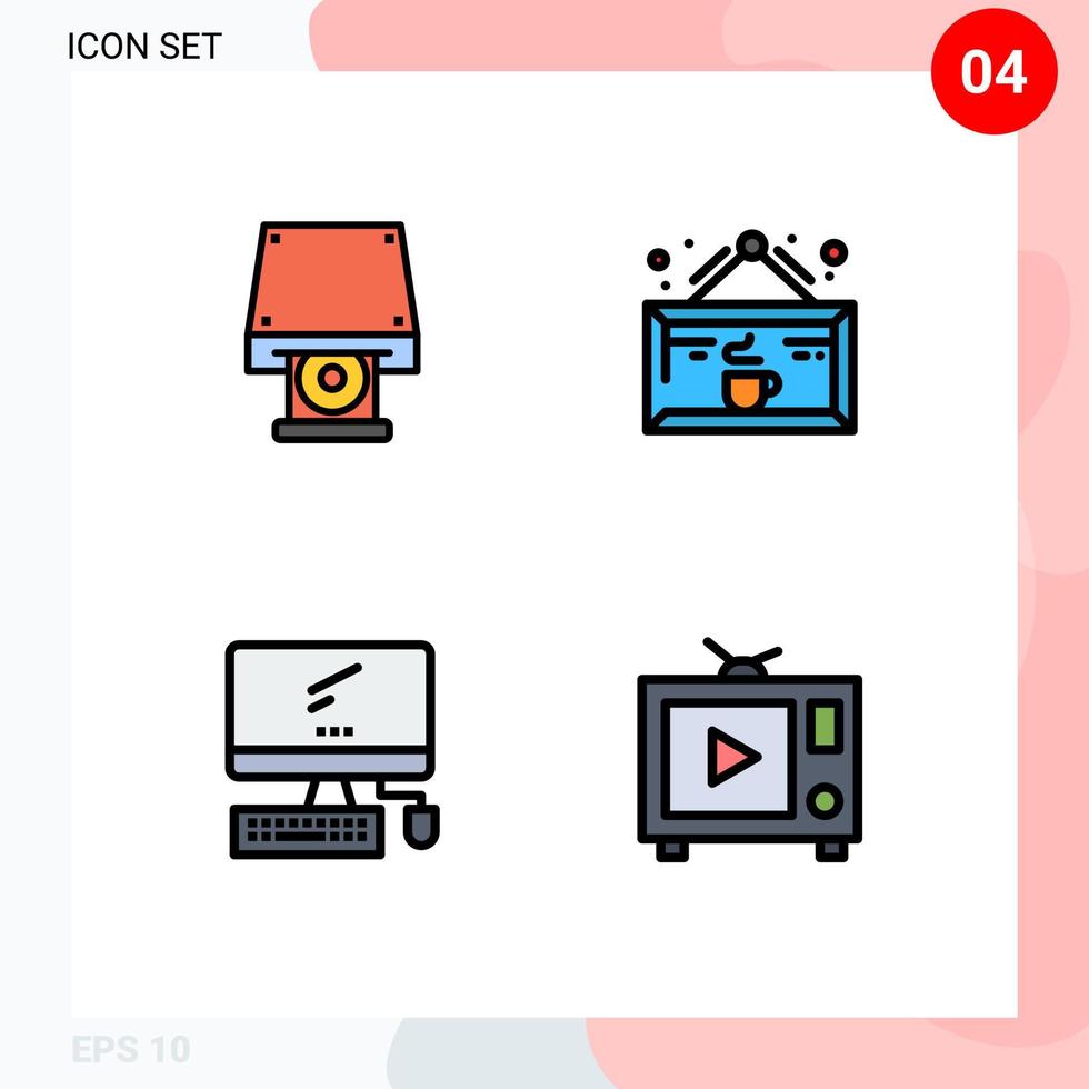 paquete de 4 signos y símbolos de colores planos de línea de relleno modernos para medios de impresión web, como elementos de diseño de vectores editables de dispositivos de café de rom de disco de computadora de DVD