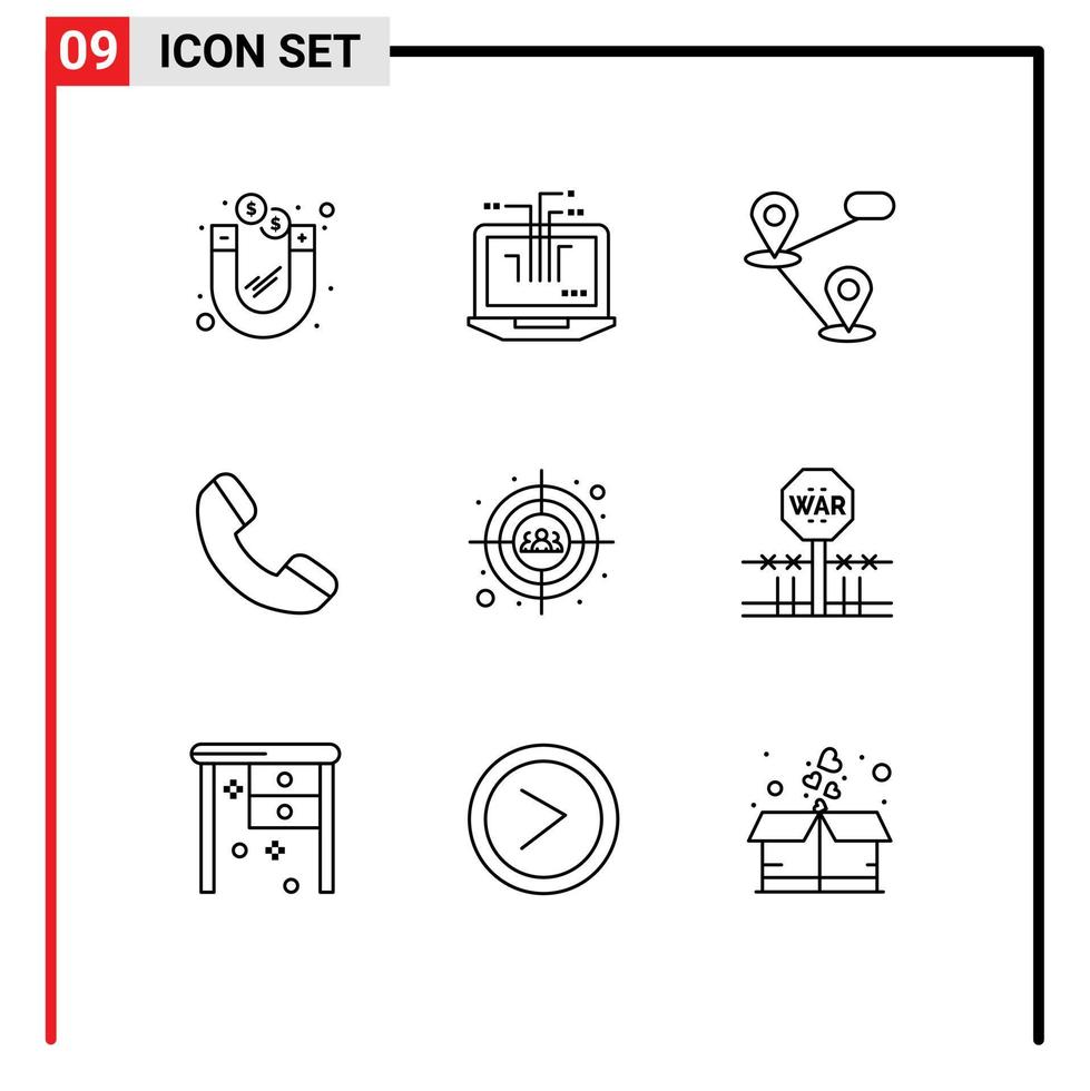 Group of 9 Outlines Signs and Symbols for head shot target gps auditory phone Editable Vector Design Elements