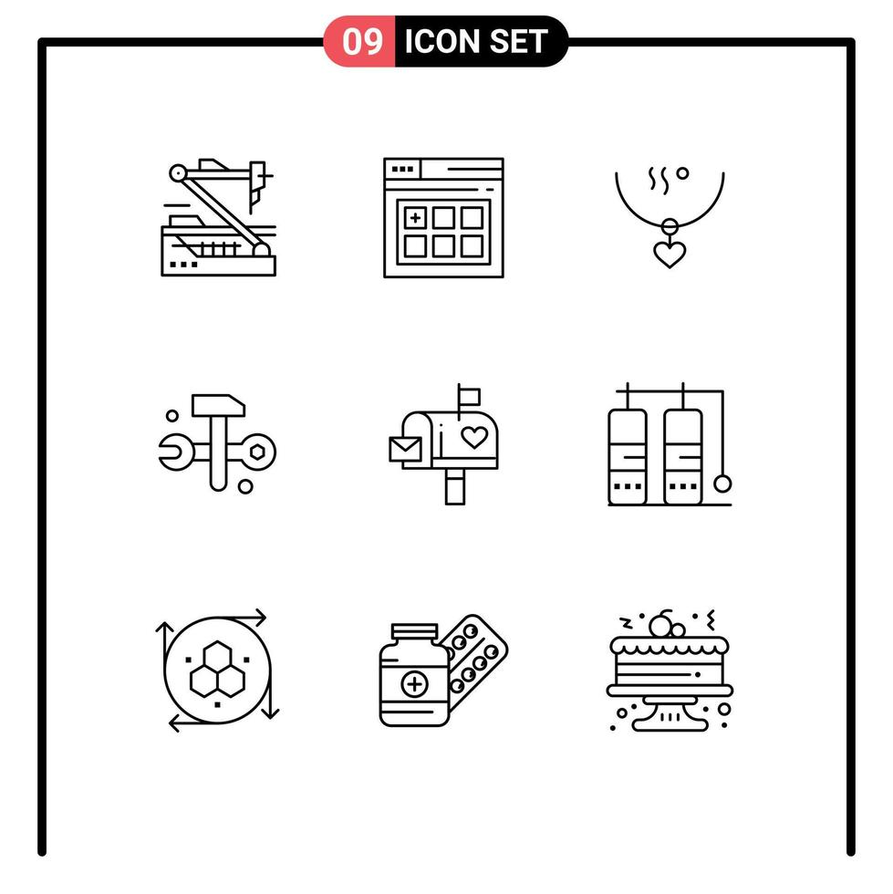 Group of 9 Modern Outlines Set for mail box hammer amulet databases wedding Editable Vector Design Elements