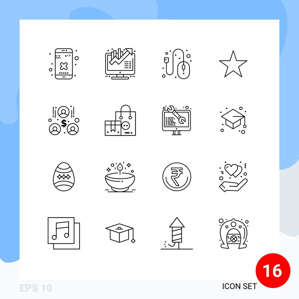 Group of 16 Modern Outlines Set for team work building computer media bookmark Editable Vector Design Elements