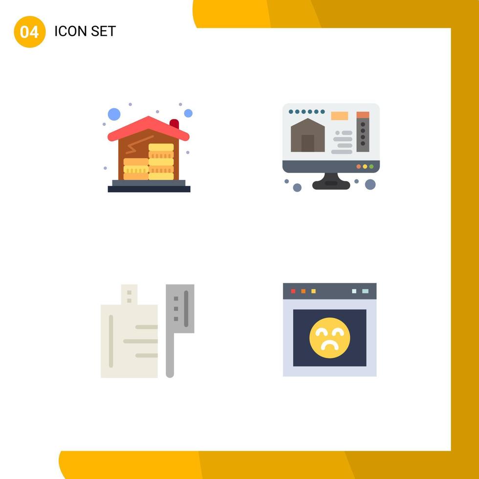 4 Thematic Vector Flat Icons and Editable Symbols of coins drink money home error Editable Vector Design Elements