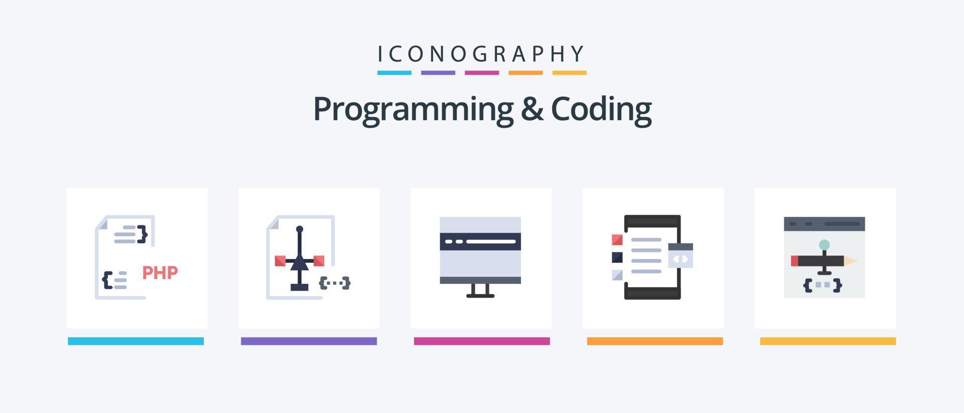 Programación y codificación paquete de iconos planos 5 que incluye codificación. aplicación desarrollo. dispositivo. desarrollar. diseño de iconos creativos vector