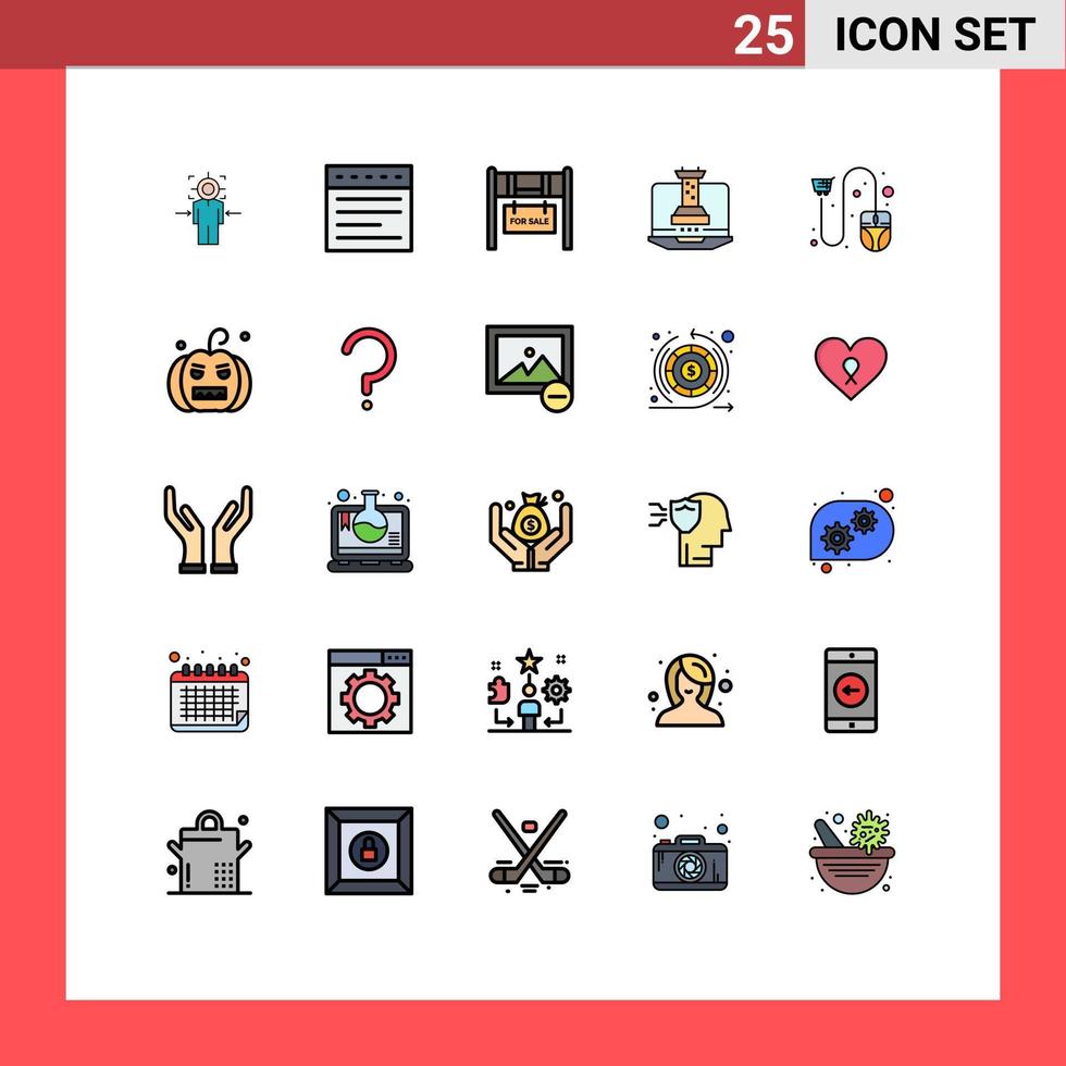 grupo de 25 signos y símbolos de colores planos de línea rellena para hacer clic en la estrategia didáctica de creación de marketing elementos de diseño de vectores editables digitales