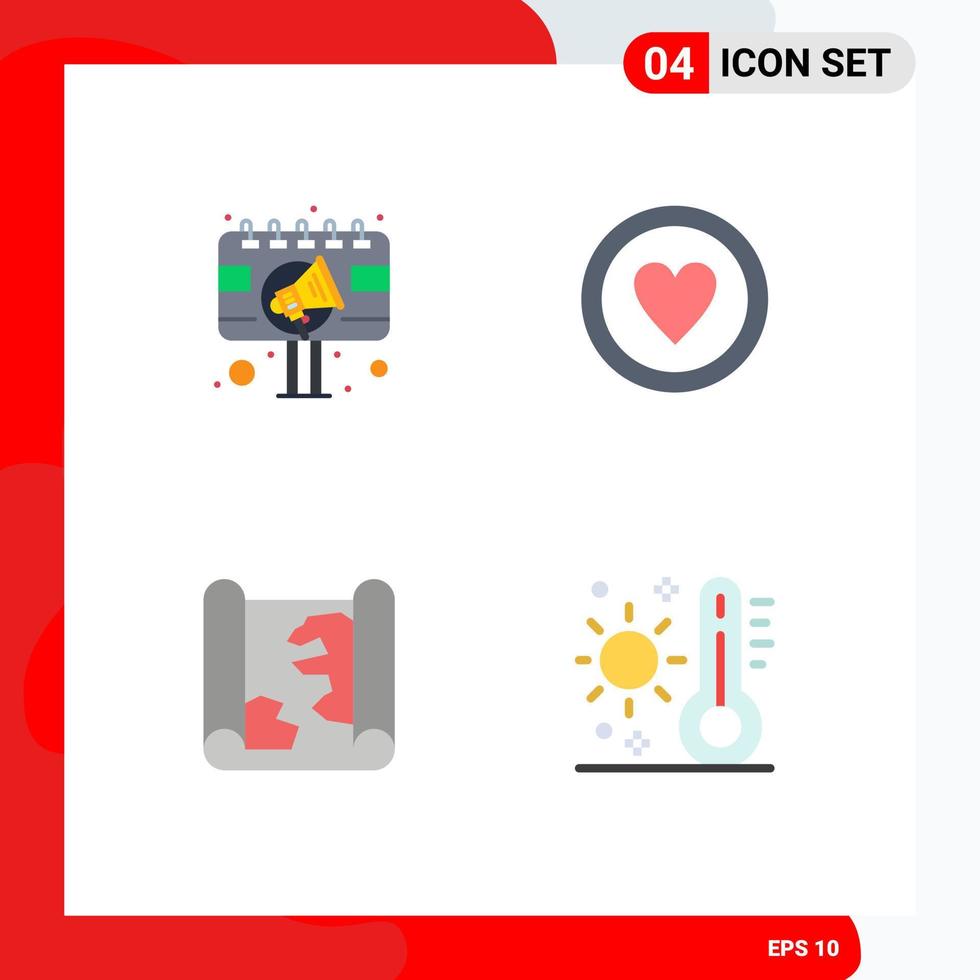 conjunto de pictogramas de 4 iconos planos simples de ubicación de anuncio cartelera amor pin elementos de diseño vectorial editables vector