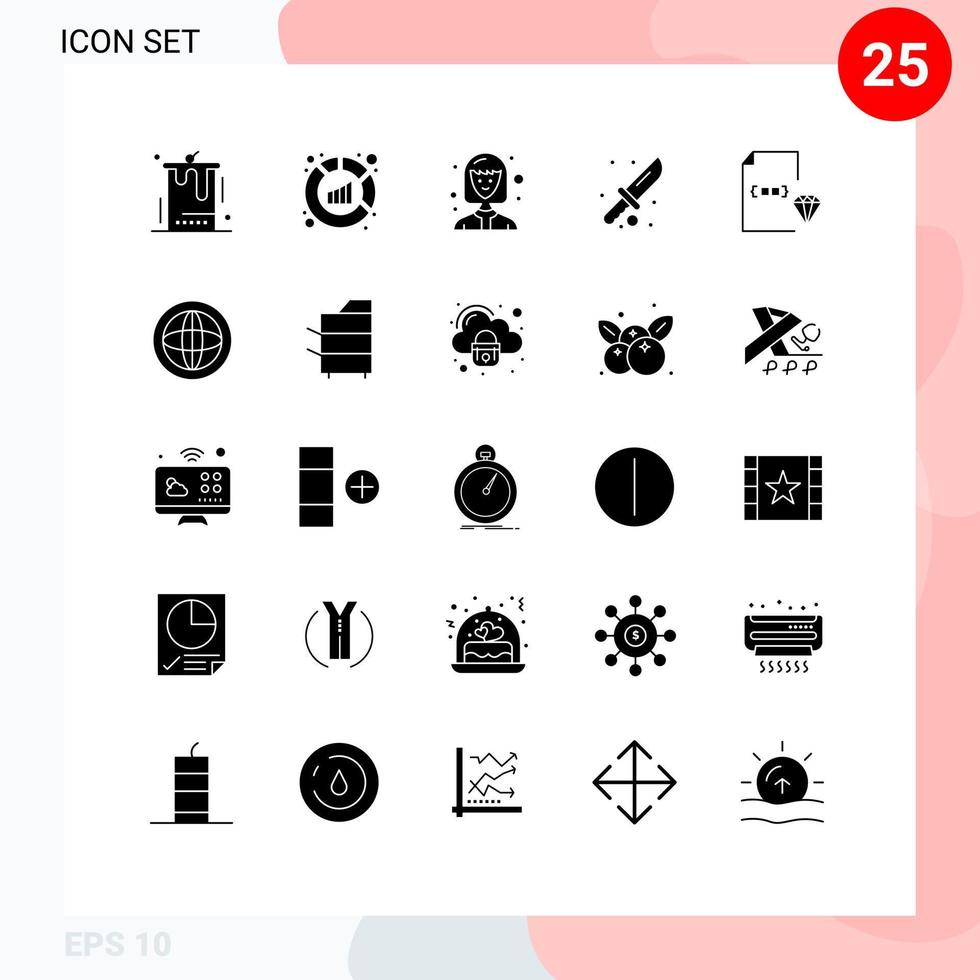 Pack of 25 Modern Solid Glyphs Signs and Symbols for Web Print Media such as develop tool analysis knife camping Editable Vector Design Elements