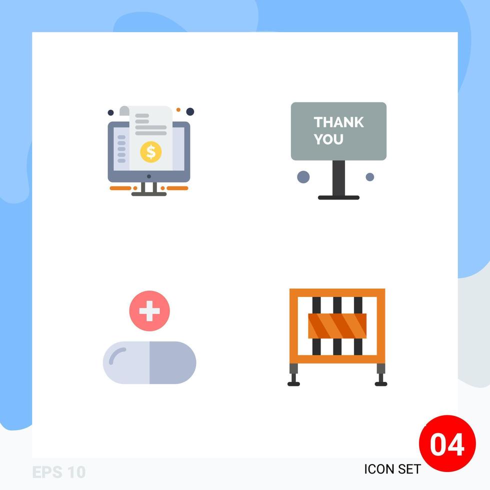 conjunto de iconos planos de interfaz móvil de 4 pictogramas de factura gracias signo de precio elementos de diseño de vectores editables médicos