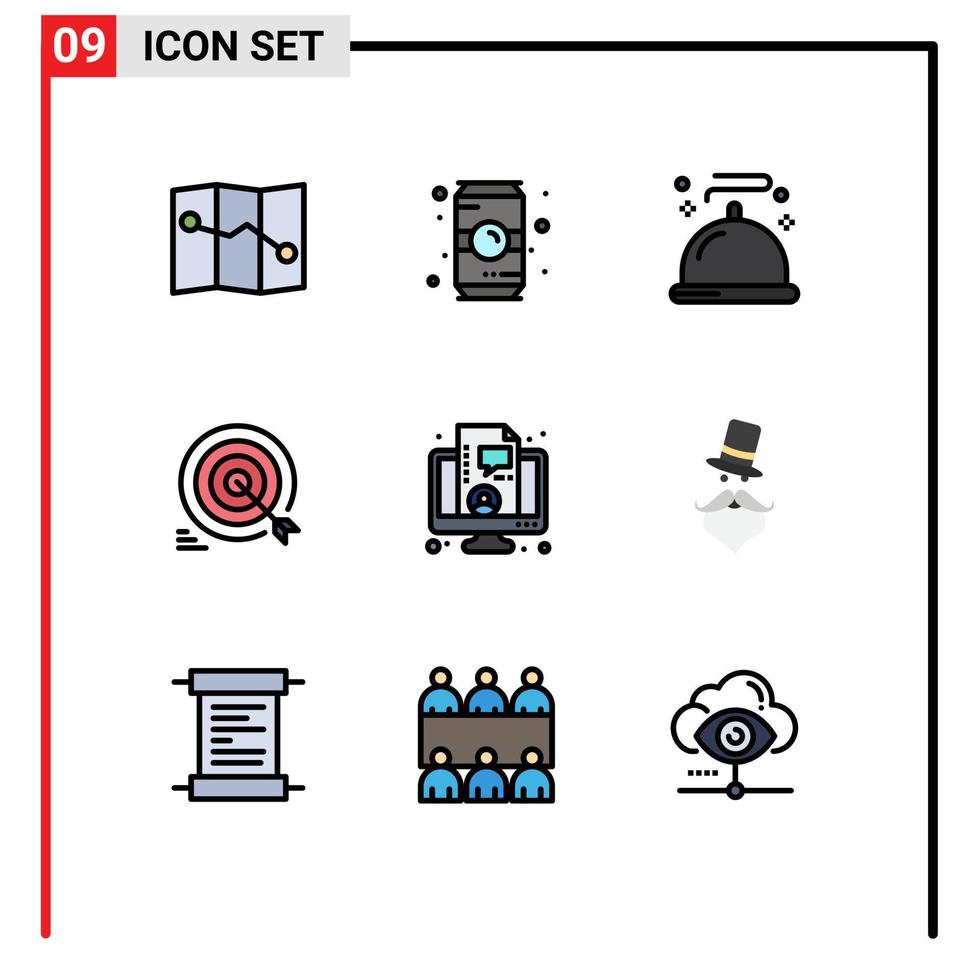 grupo de 9 colores planos de línea de llenado modernos establecidos para objetivos de entrenamiento elementos de diseño vectorial editables de objetivo de flecha de menú vector