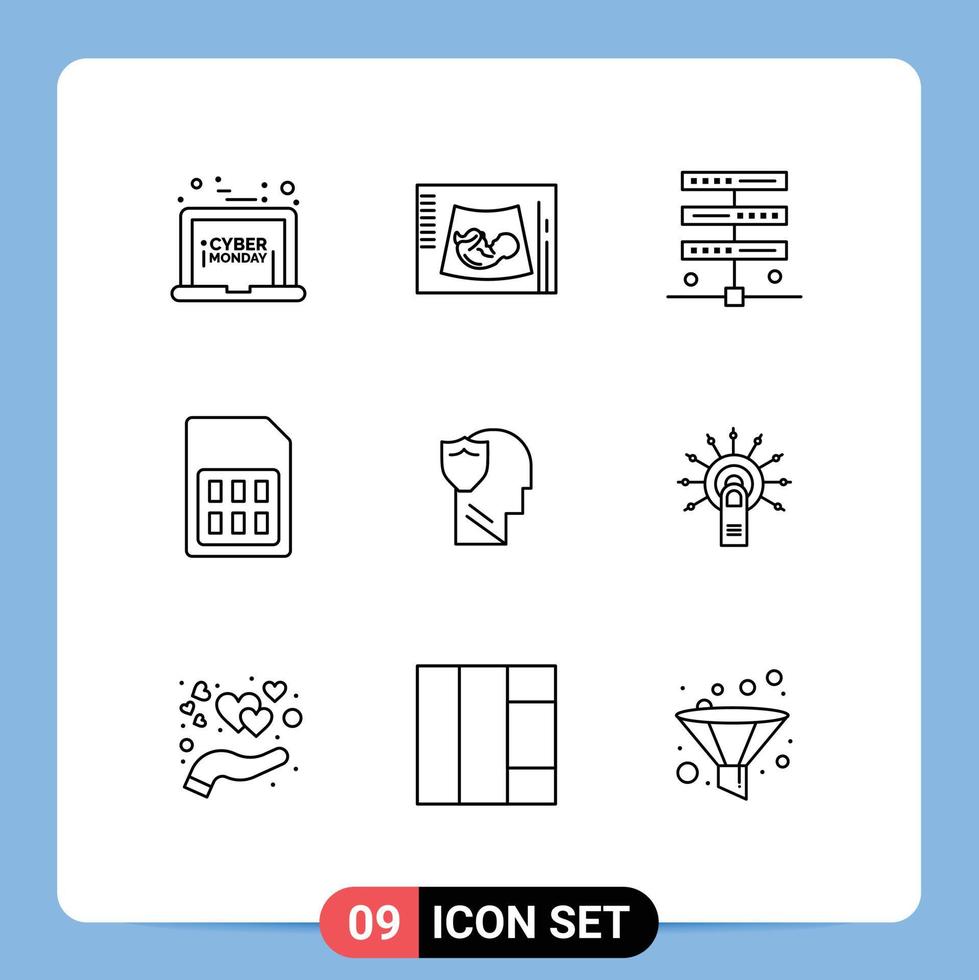 Universal Icon Symbols Group of 9 Modern Outlines of sim card phone ultrasound mobile server Editable Vector Design Elements