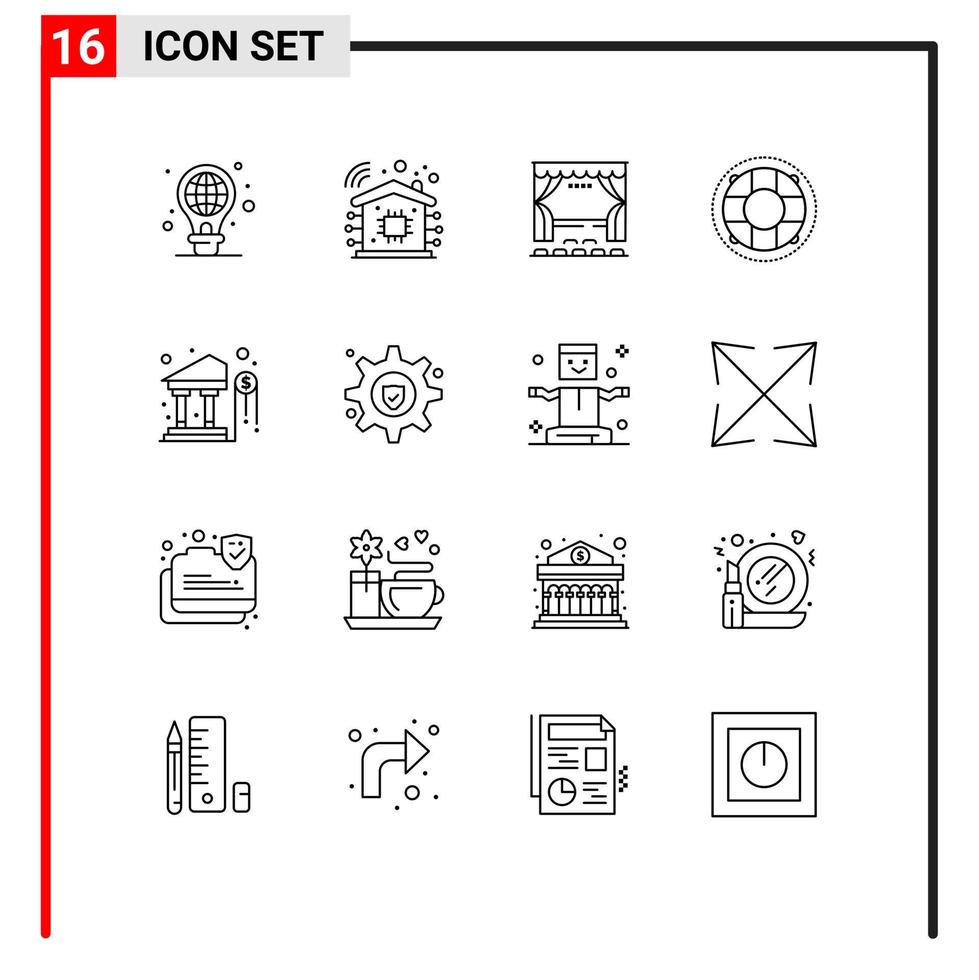 Outline Pack of 16 Universal Symbols of bank lifesaver cinema lifebuoy help Editable Vector Design Elements