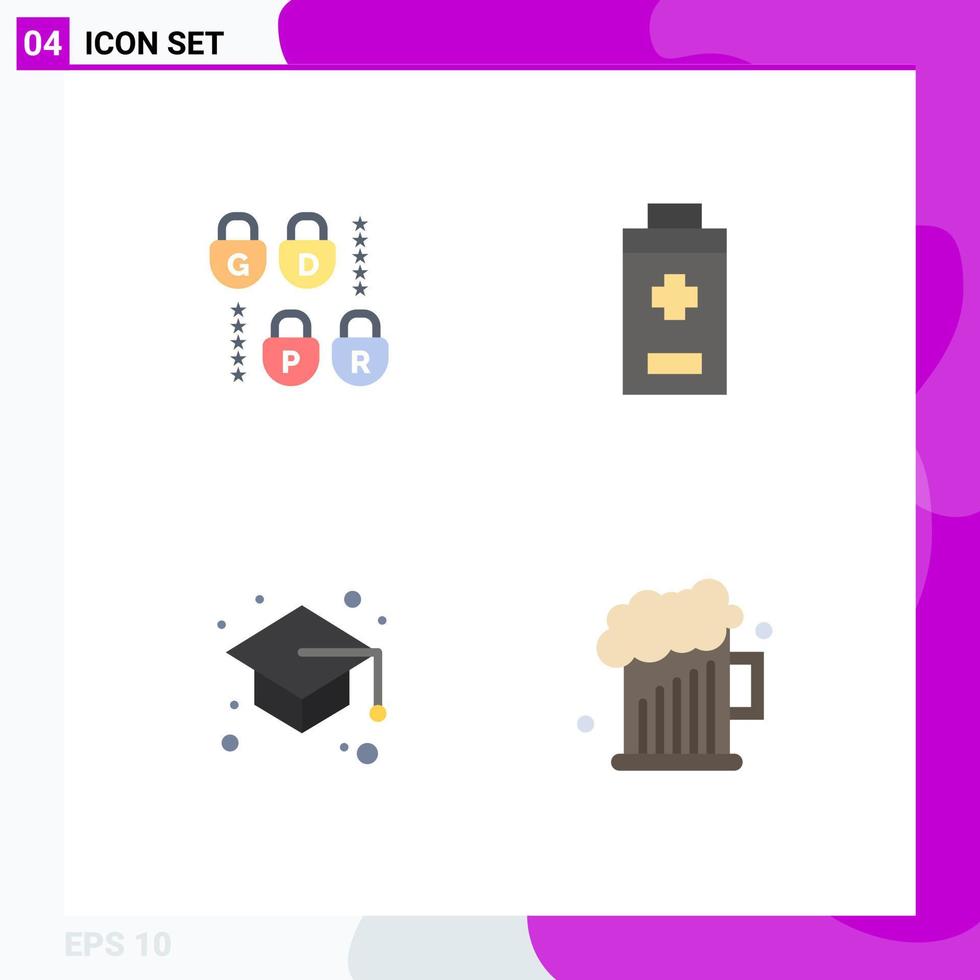 Set of 4 Modern UI Icons Symbols Signs for gdpr study battery back to school dad Editable Vector Design Elements