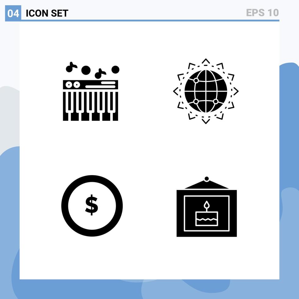 Pictogram Set of 4 Simple Solid Glyphs of music coin world business finance Editable Vector Design Elements