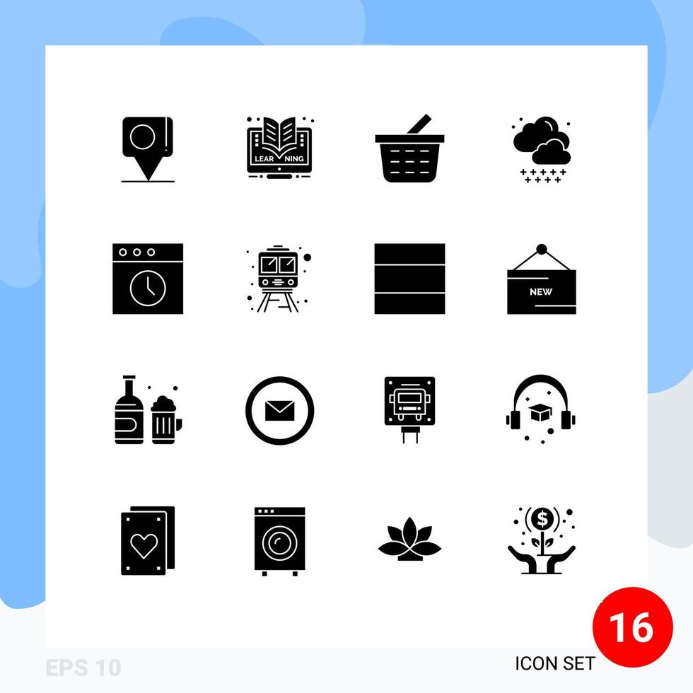 Pack of 16 creative Solid Glyphs of rail history basket app rain Editable Vector Design Elements