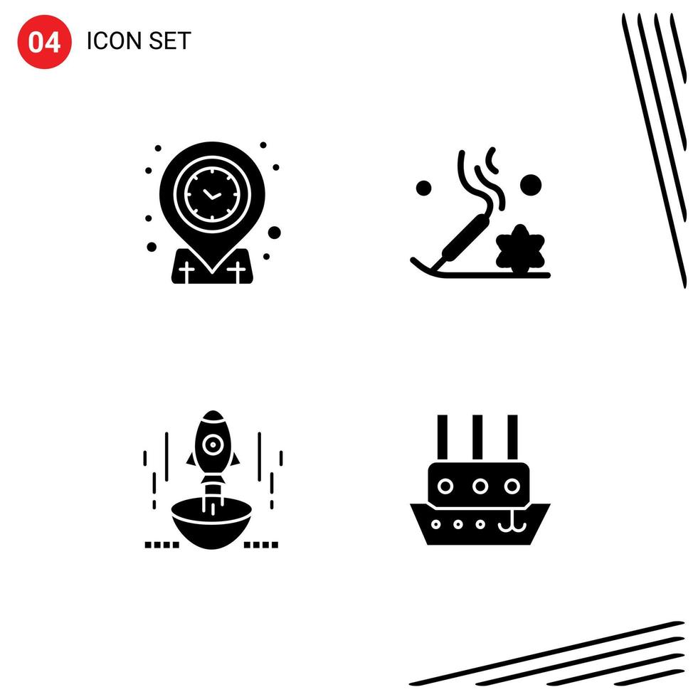 Pack of 4 Modern Solid Glyphs Signs and Symbols for Web Print Media such as geo rocket time incense stick startup Editable Vector Design Elements