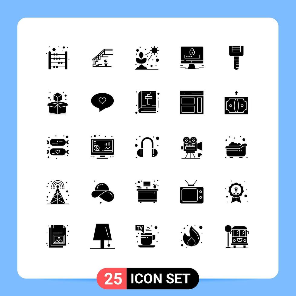 User Interface Pack of 25 Basic Solid Glyphs of security internet home computer plant Editable Vector Design Elements