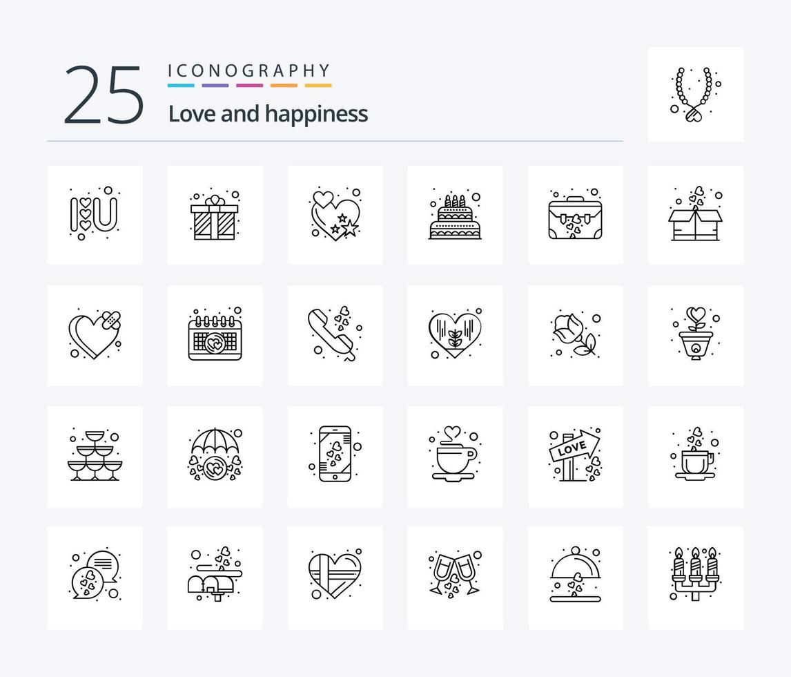 Me encanta el paquete de iconos de 25 líneas que incluye estuche. bolso. amar. vela. amar vector