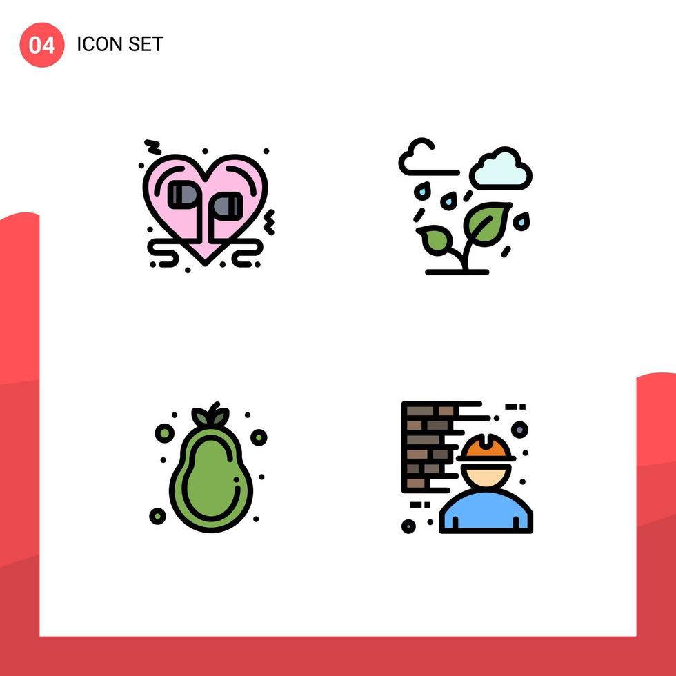 4 User Interface Filledline Flat Color Pack of modern Signs and Symbols of headphone fruit music trees nutrition Editable Vector Design Elements
