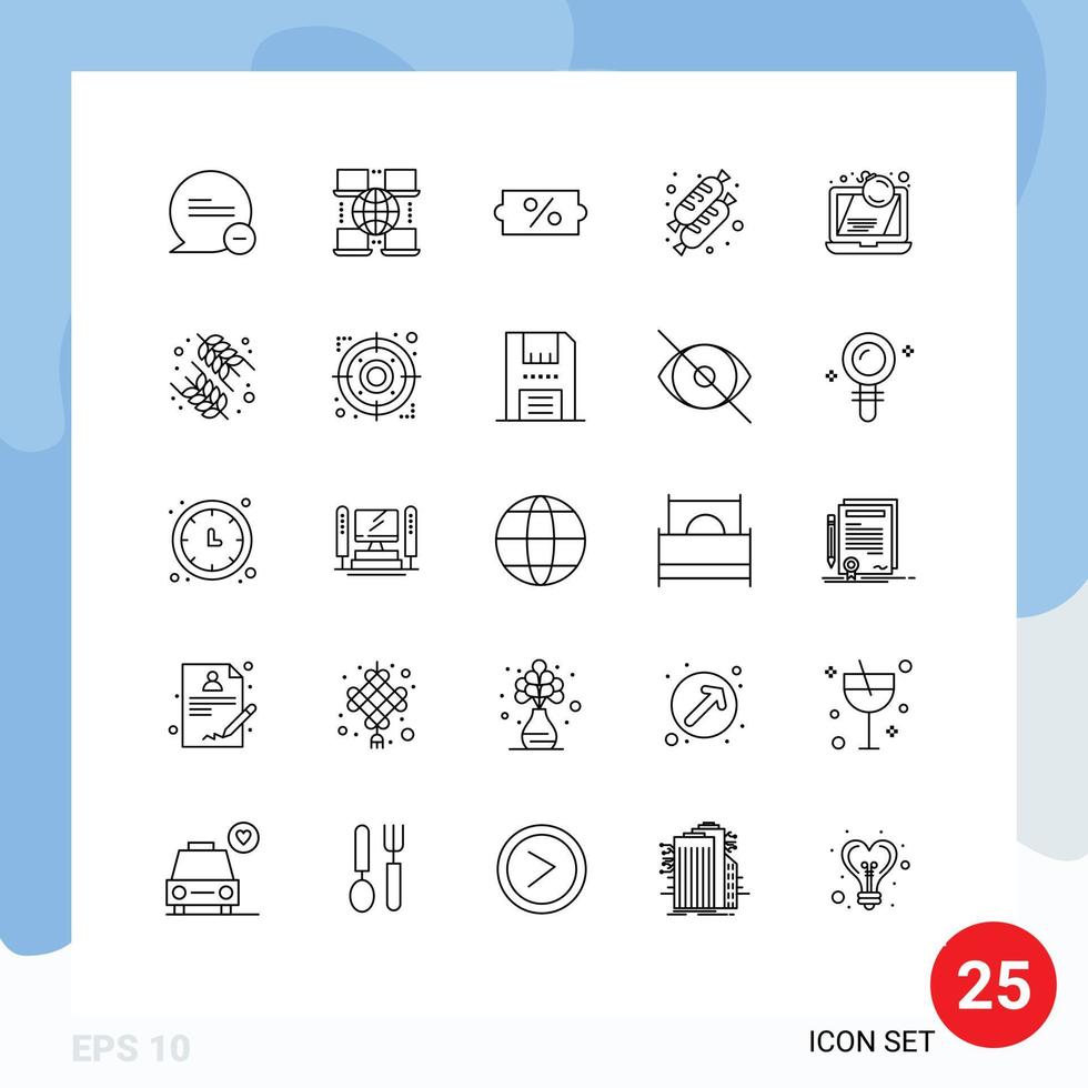 Modern Set of 25 Lines Pictograph of laptop computer price bomb food Editable Vector Design Elements