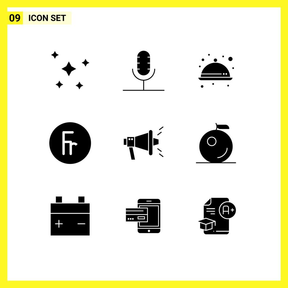 9 Solid Glyph concept for Websites Mobile and Apps foreign exchange microphone franc meal Editable Vector Design Elements
