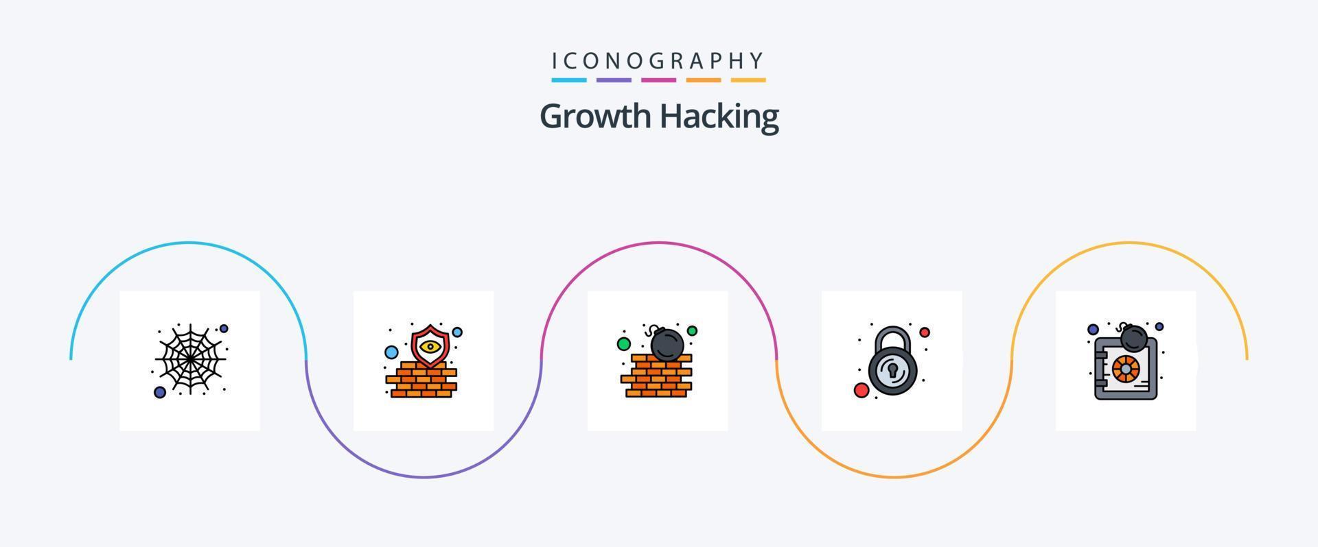 Hacking Line Filled Flat 5 Icon Pack Including virus. bomb. firewall. security. lock vector