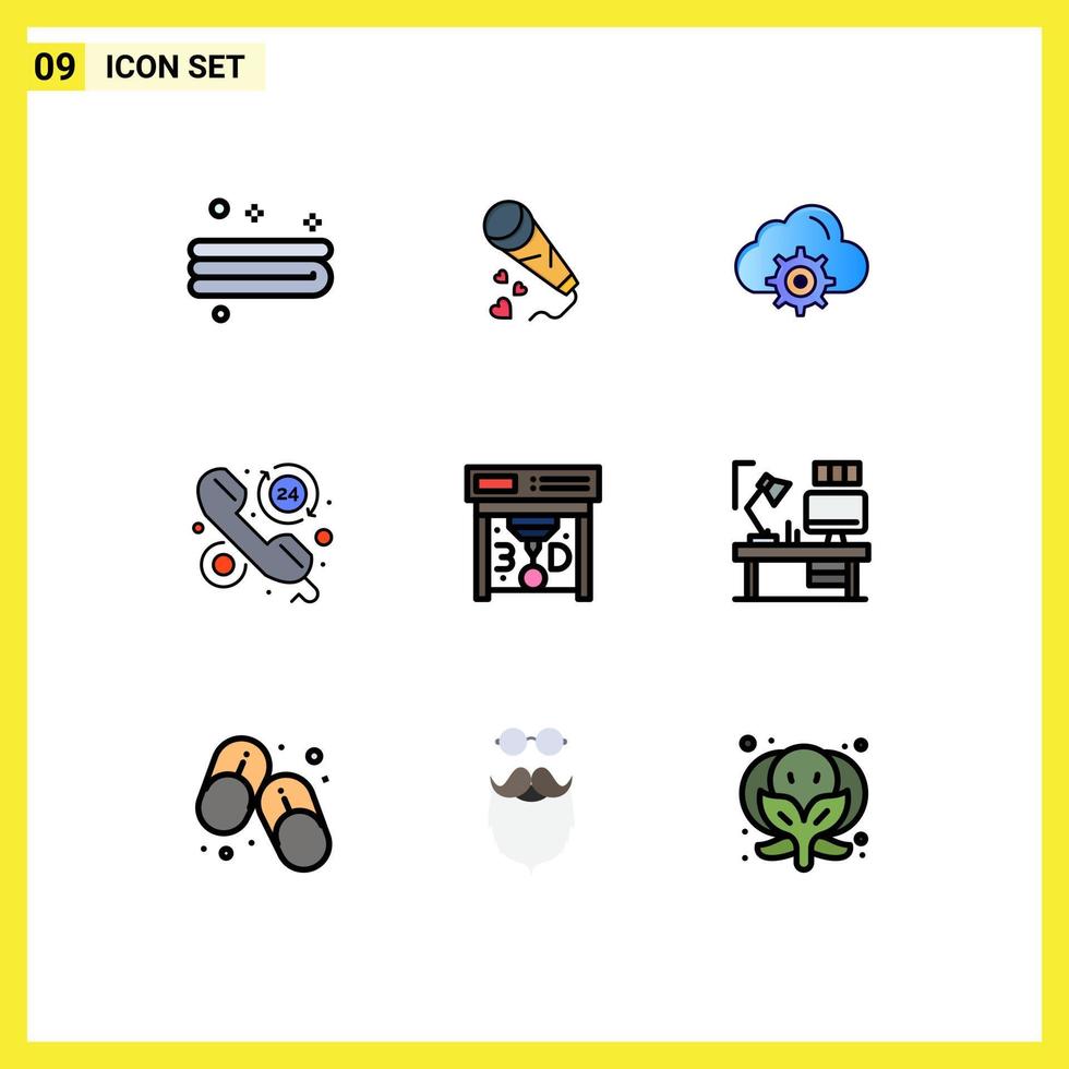 paquete de 9 modernos signos y símbolos de colores planos de línea rellena para medios de impresión web, como horas de impresión, ayuda en la nube, elementos de diseño de vectores editables para el cliente