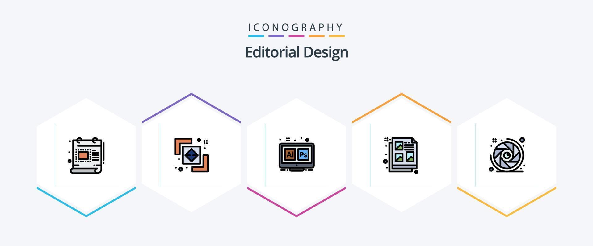 Editorial Design 25 FilledLine icon pack including camera. document. adobe. design. ai vector