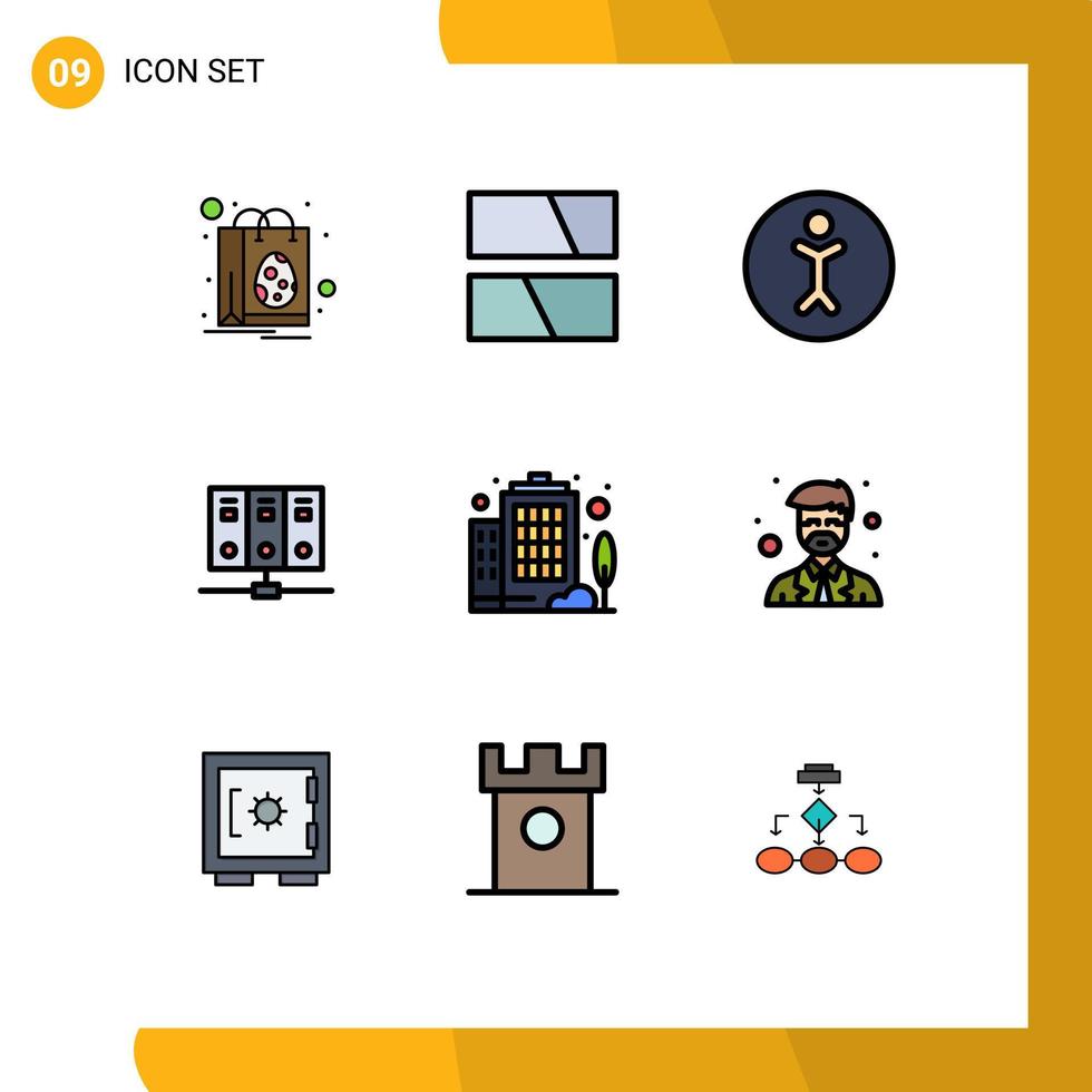Set of 9 Commercial Filledline Flat Colors pack for company building accessibility database mainframe Editable Vector Design Elements