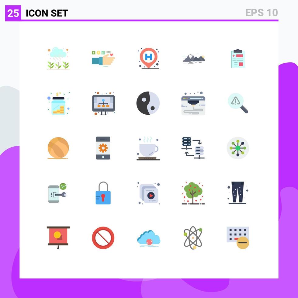 grupo universal de símbolos de icono de 25 colores planos modernos de elementos de diseño de vector editables de signo de colina de pulso de paisaje de acantilado