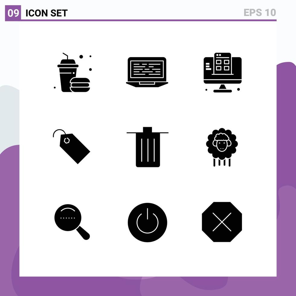 Group of 9 Solid Glyphs Signs and Symbols for basket label computer tag app Editable Vector Design Elements