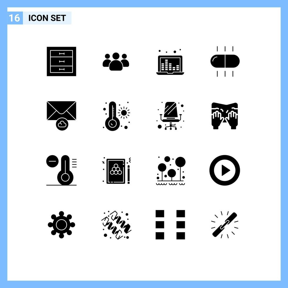 16 Universal Solid Glyphs Set for Web and Mobile Applications mail cloud laptop pills drug Editable Vector Design Elements